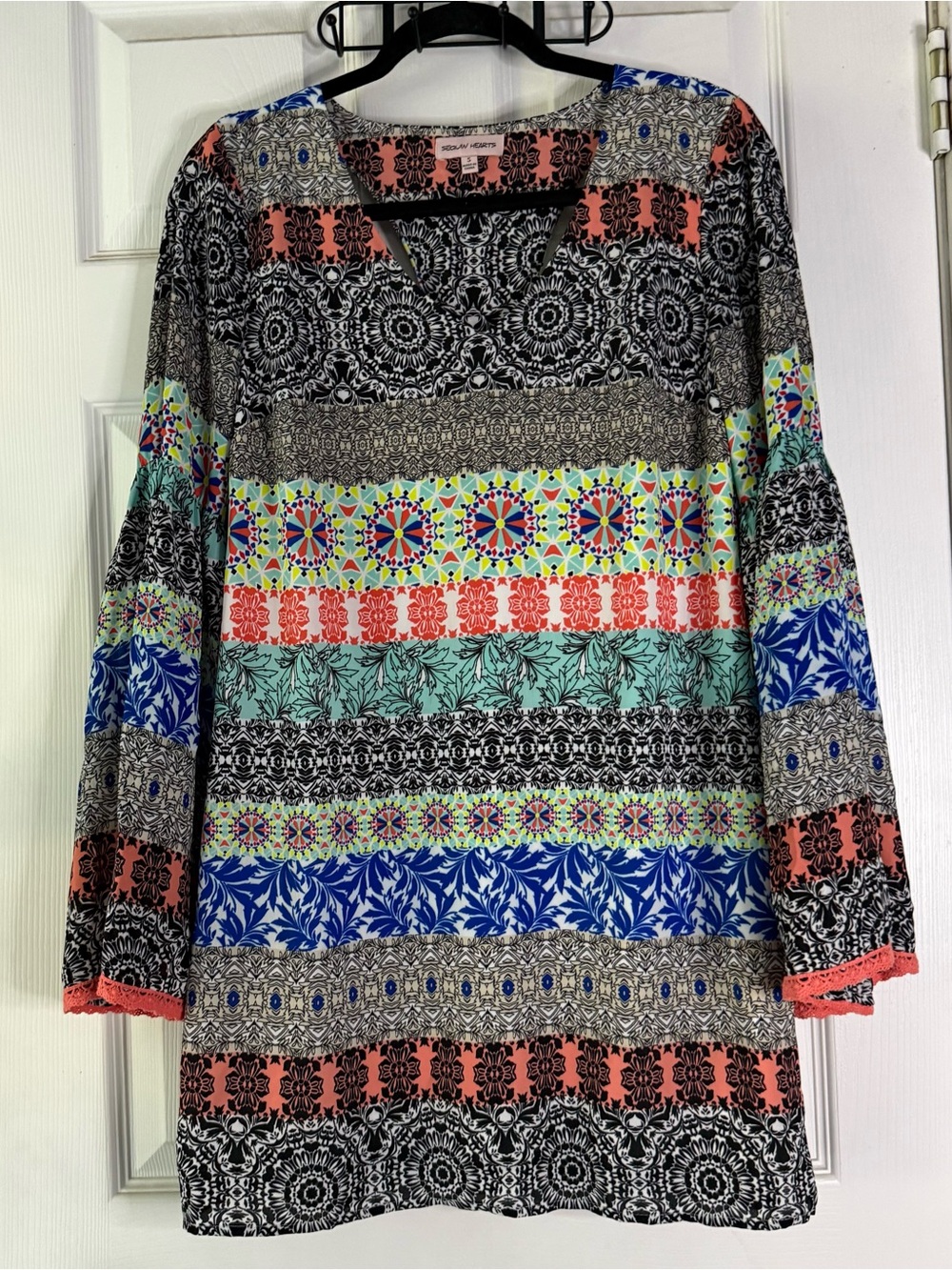 Boho Tunic Dress Hippie Patchwork Small Geometric Sequin Hearts Bell Sleeves